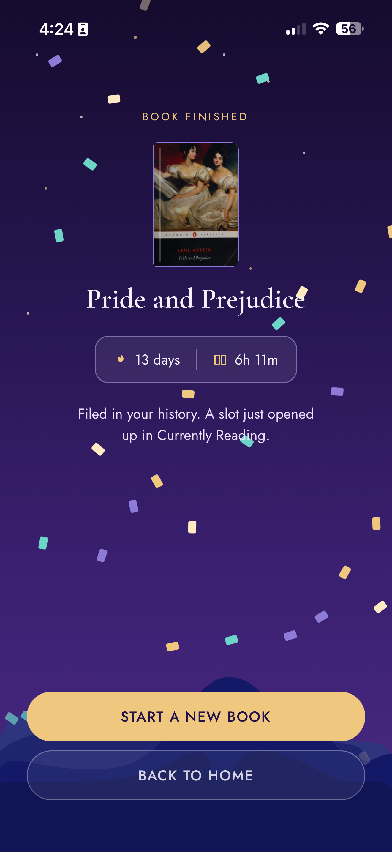 Book finished celebration for Pride and Prejudice with 13 days and six hours eleven minutes of reading