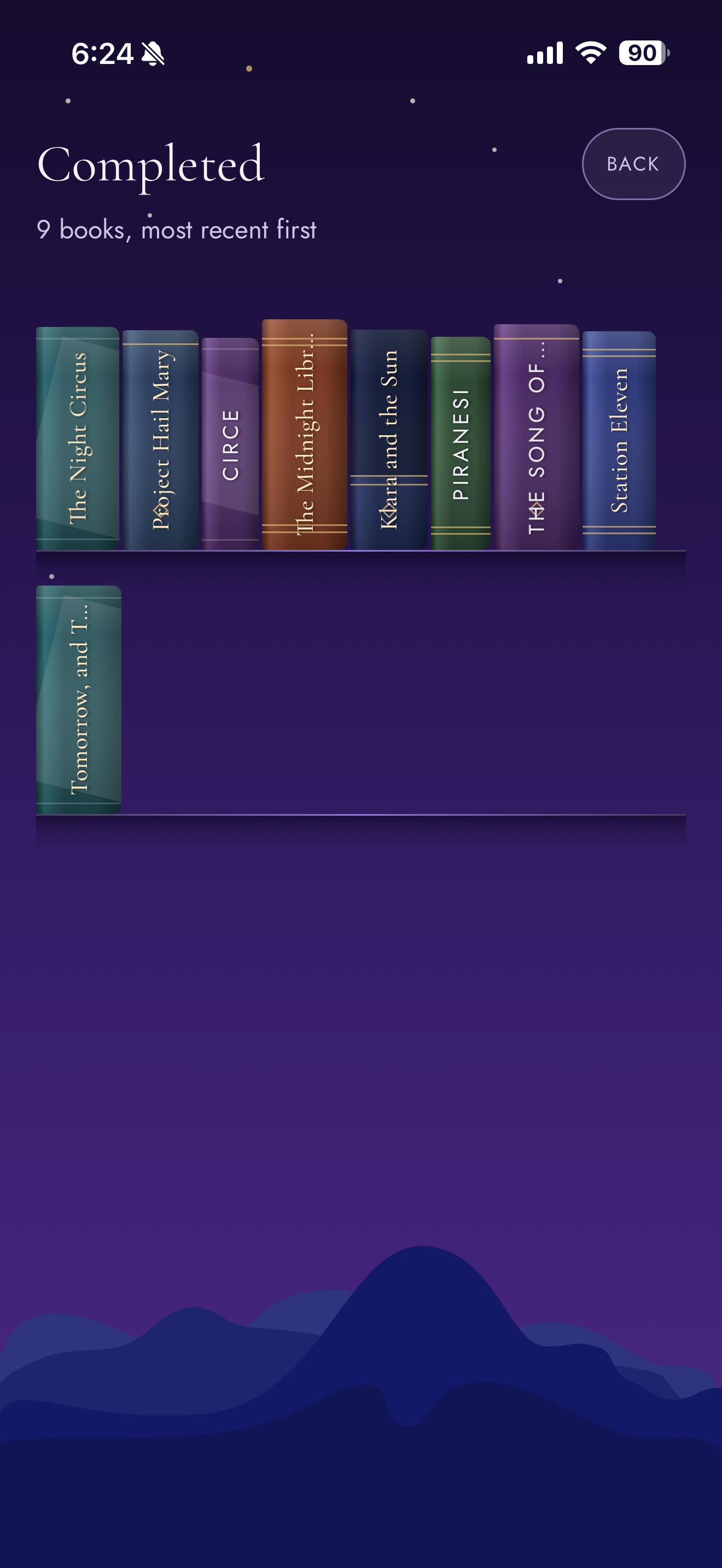 A PageTock bookshelf showing the spines of completed books