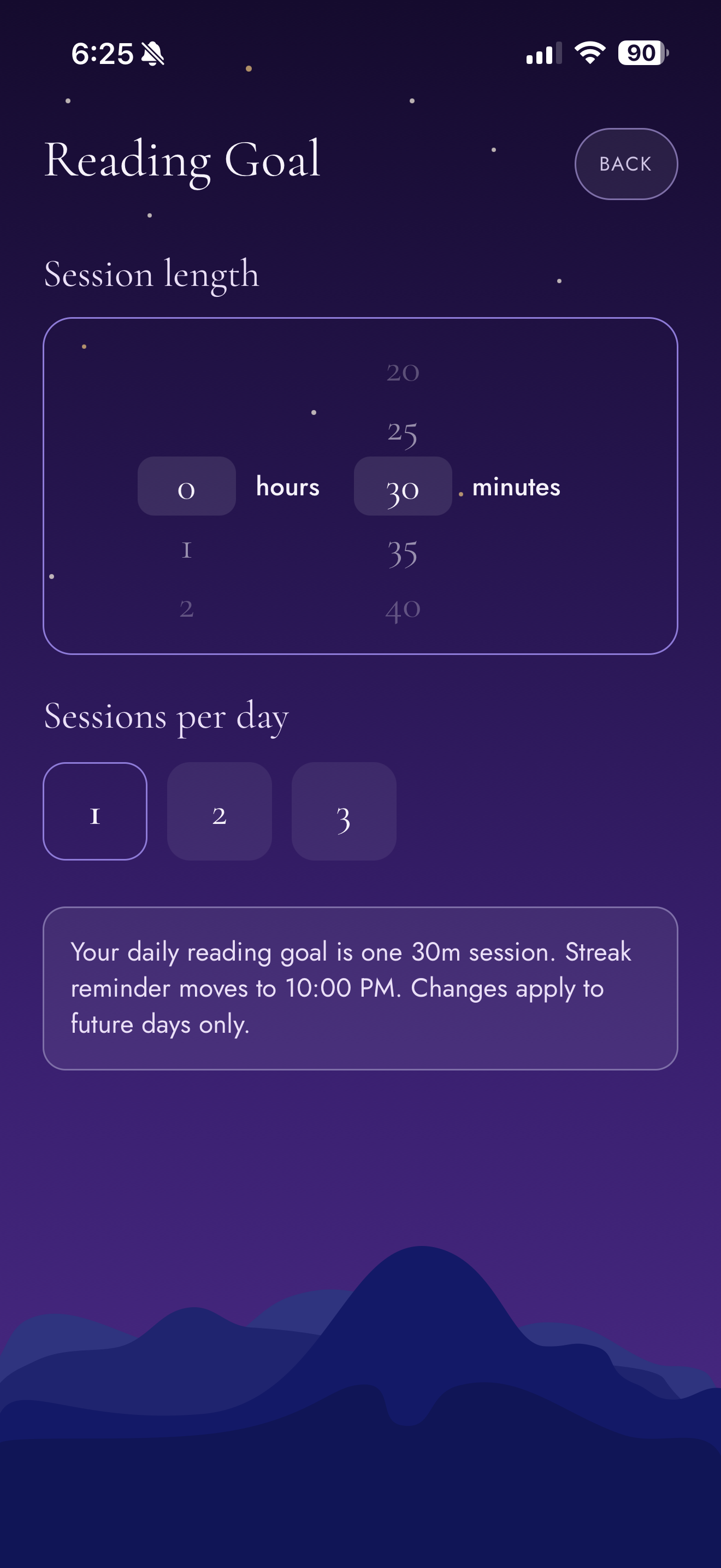 Reading goal settings for session length and number of sessions per day