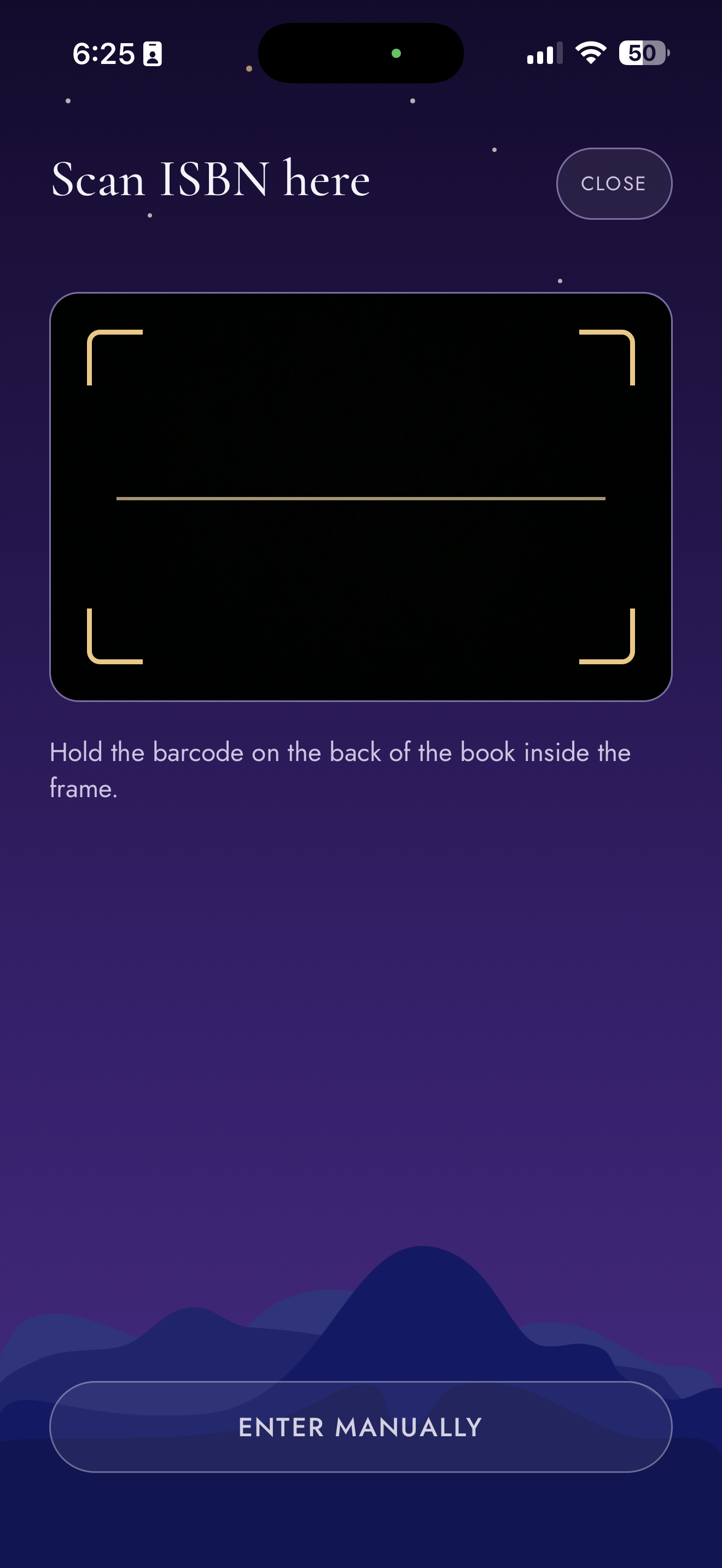 ISBN scanner with a barcode frame and an Enter manually option