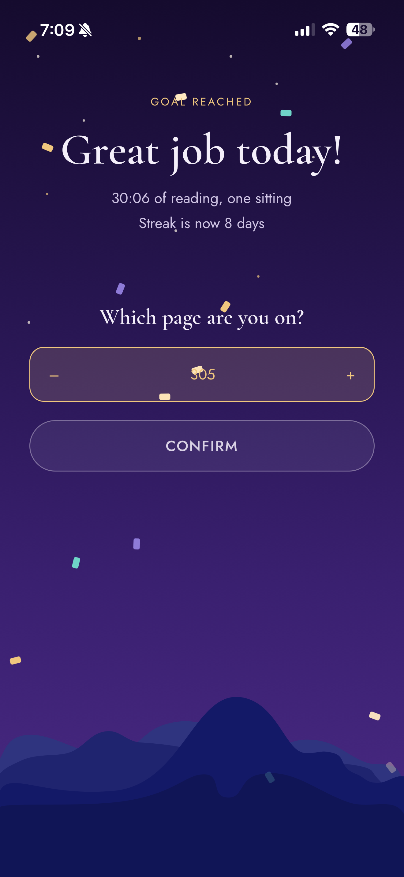 Completed reading session showing an eight-day streak and a field to log the current page