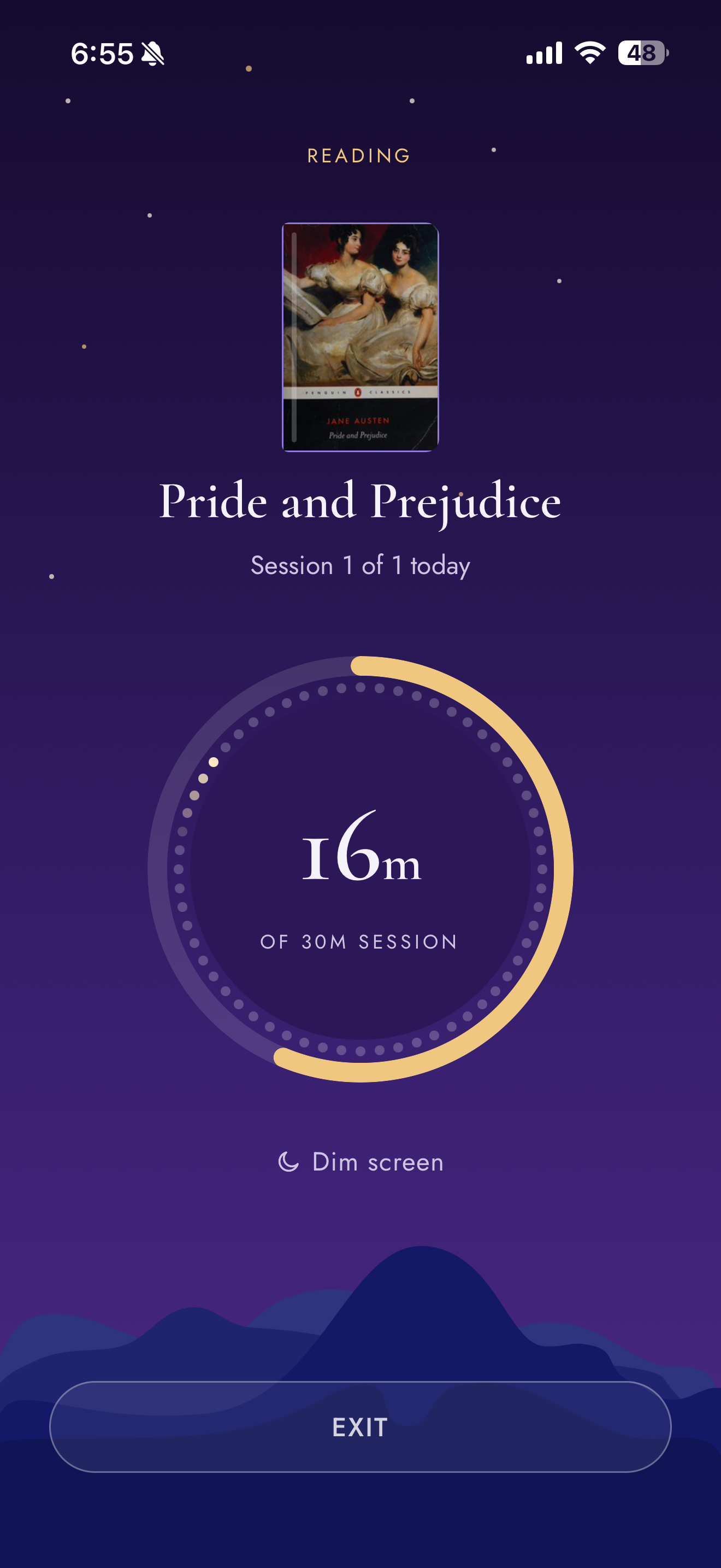 PageTock’s reading timer showing 16 minutes of a 30-minute session and a Dim screen button